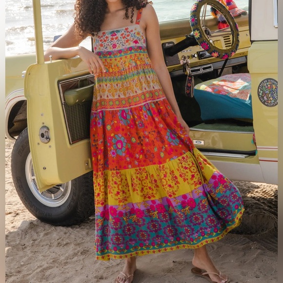 Natural Life Patricia Maxi Dress in Red Mustard Border Boho Festival Size XL - Picture 13 of 16